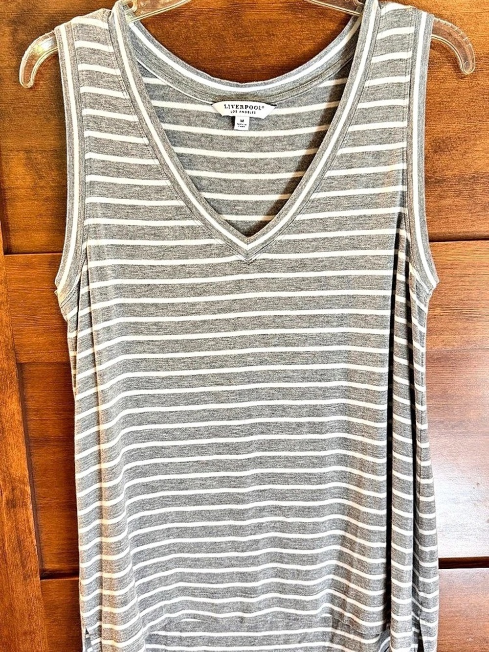 Liverpool Striped V-Neck Tank in Gray & White Size Medium